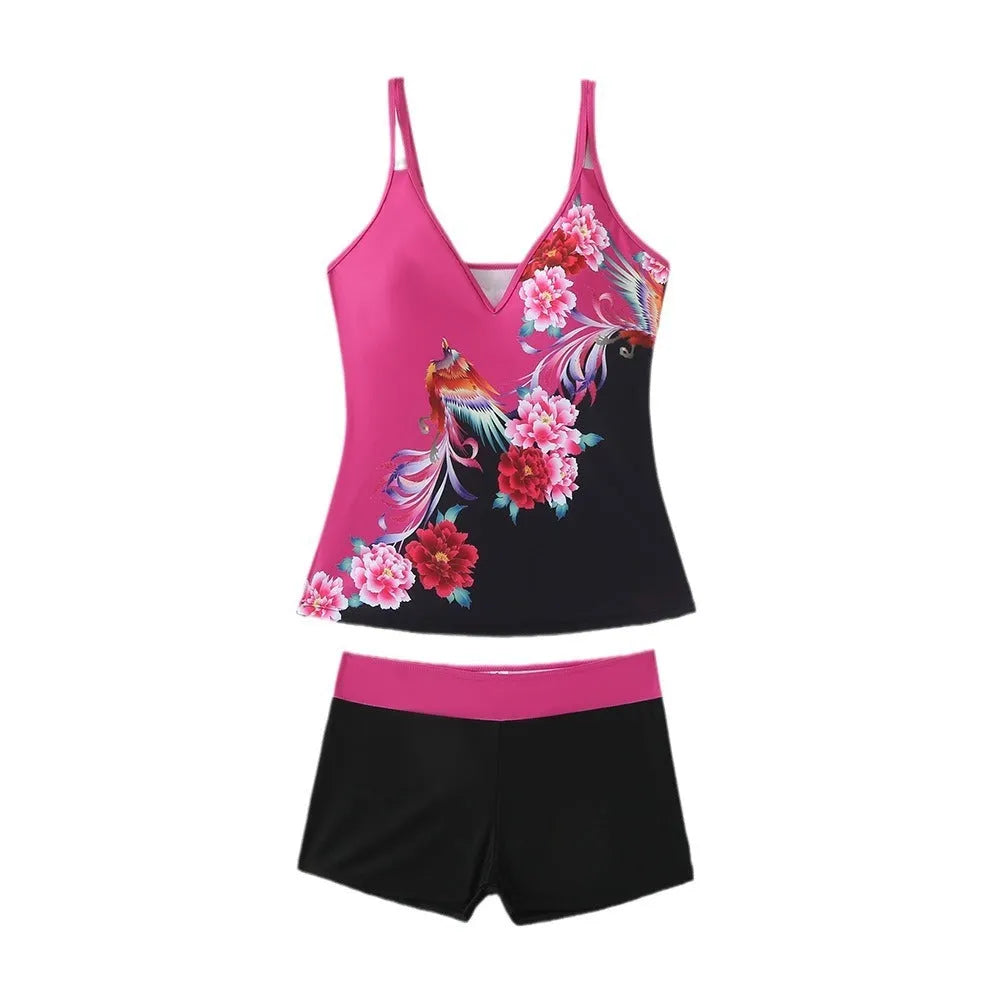 Plus size black and rose red two-piece swimsuit set with briefs and swimming trunks.