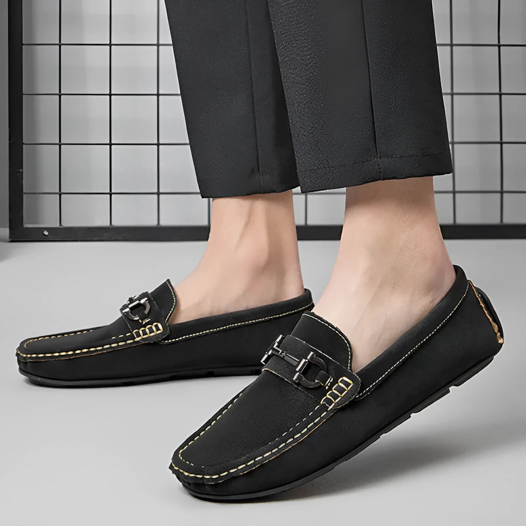 Men's round-toe cowhide leather lazy doug casual shoes in black, brown, and beige on a plain background