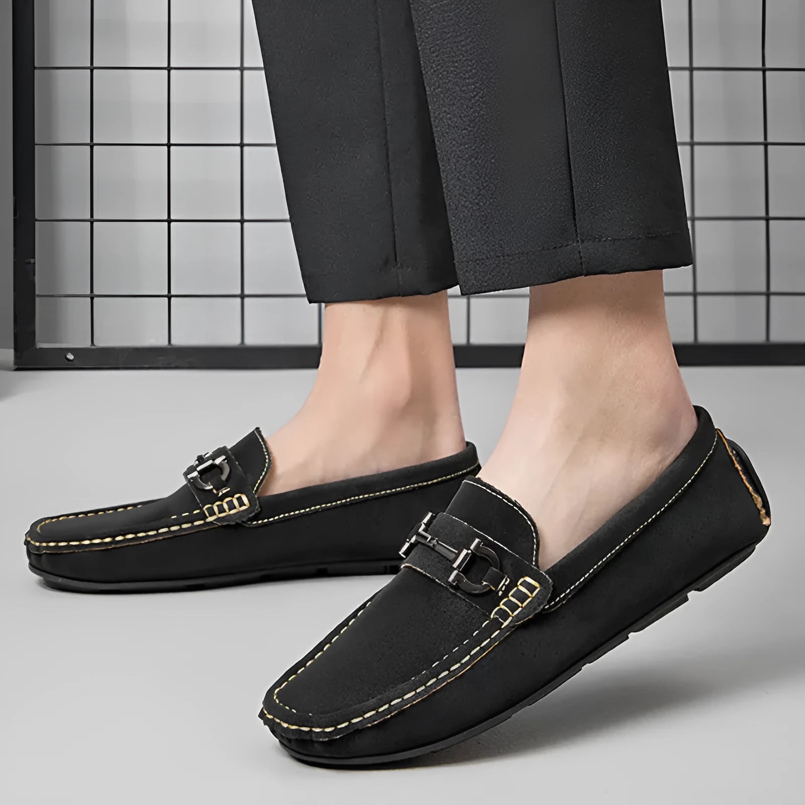 Men's round-toe cowhide leather lazy doug casual shoes in black, brown, and beige on a plain background