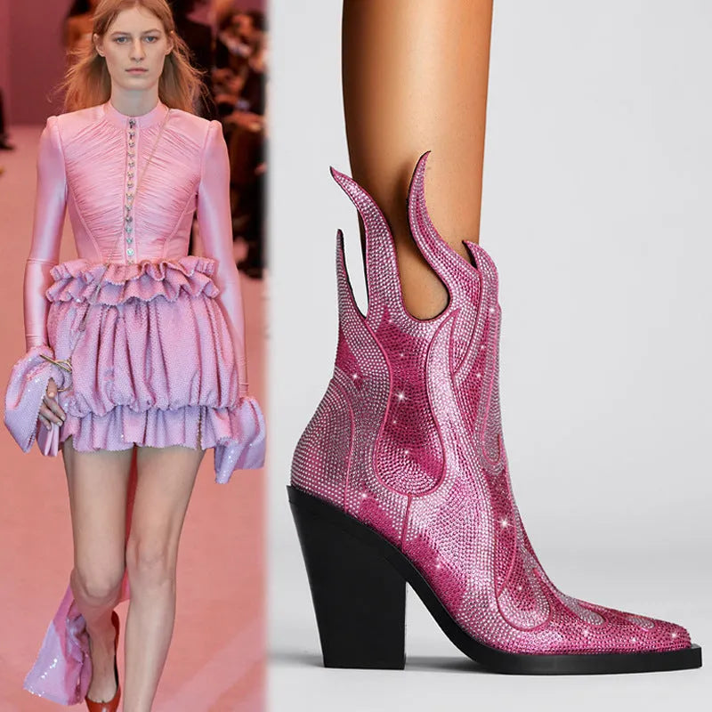 Women's square toe chunky heel rhinestone flame Martin boots in solid colour, side zipper, low tube