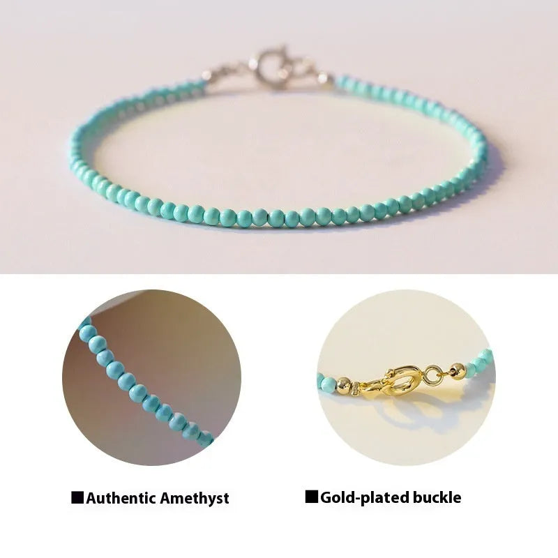 Women's natural turquoise bracelet 2mm beads unisex Chinese style raw ore finish on white background