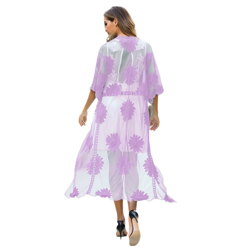Light purple lace embroidery beach cover-up dress with cotton lining for swimming