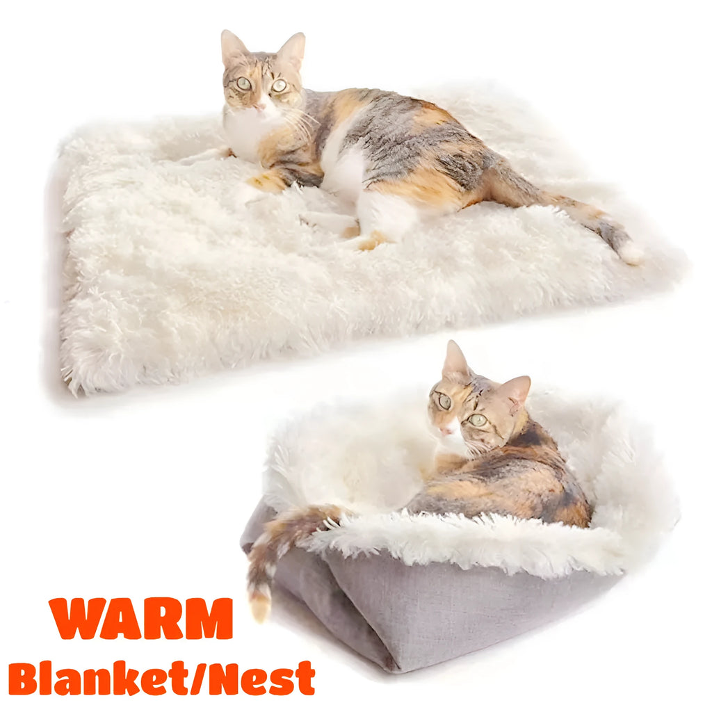 Gray self-heating pet blanket nest with long plush fur and non-slip black bottom, 61x51 cm