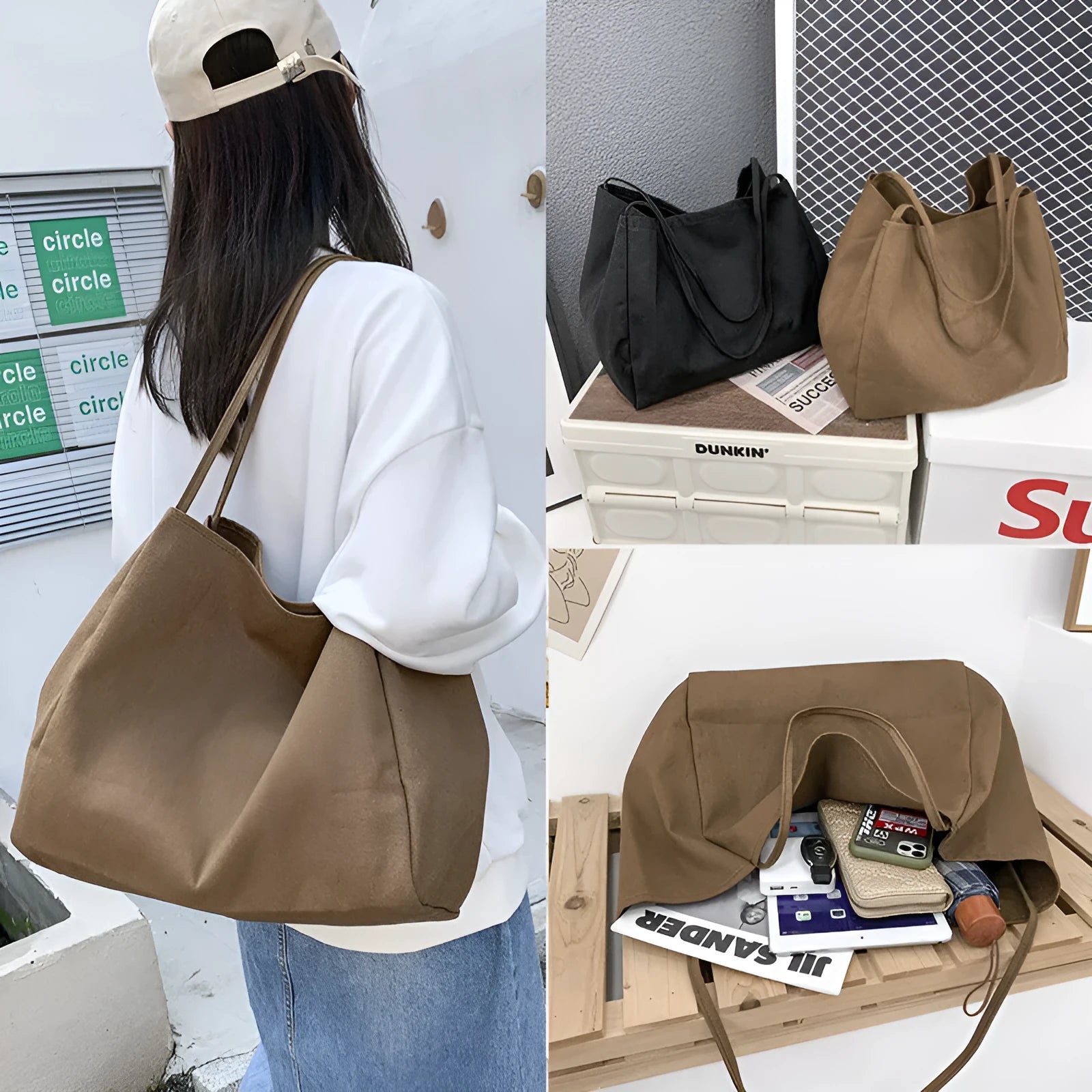 Solid colour women's canvas handbag in black with double shoulder straps and external sandwich pocket