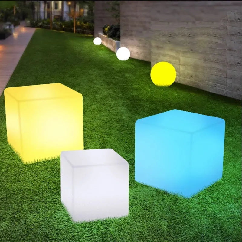 Square LED cube stool light with modern design for outdoor garden seating and illumination