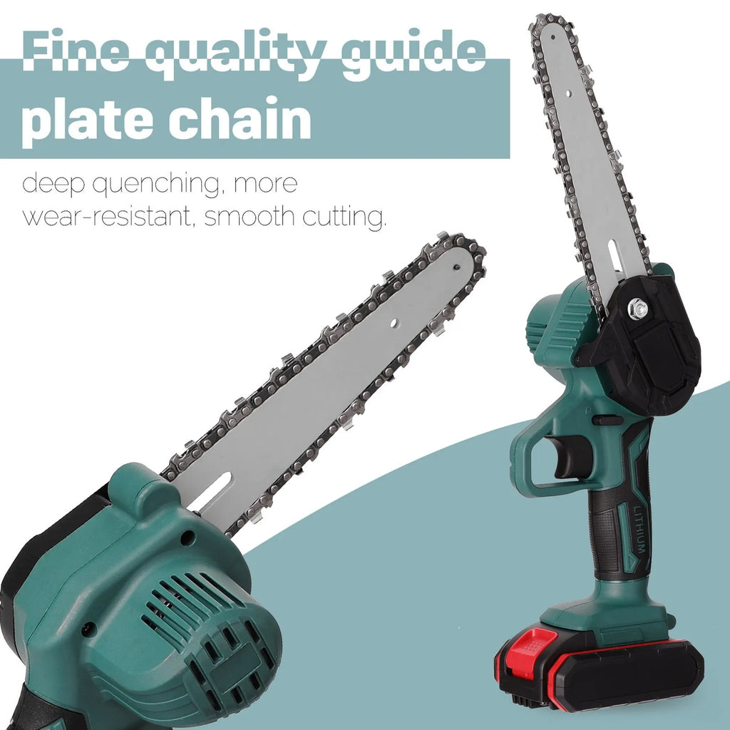 Black mini electric chainsaw with 4-inch bar held in one hand showing compact design