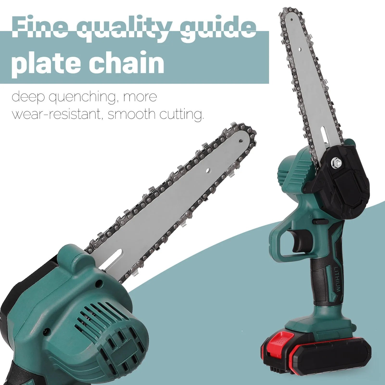 Black mini electric chainsaw with 4-inch bar held in one hand showing compact design