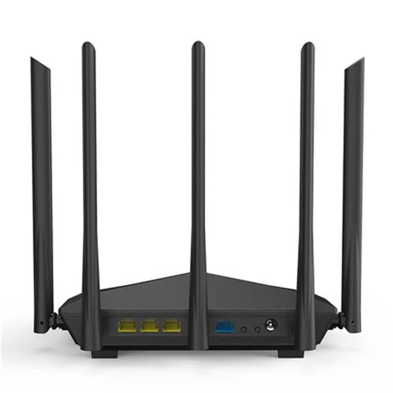 AC11 Gigabit wireless router in black with 1 WAN and 3 LAN ports and 8-pin copper interface