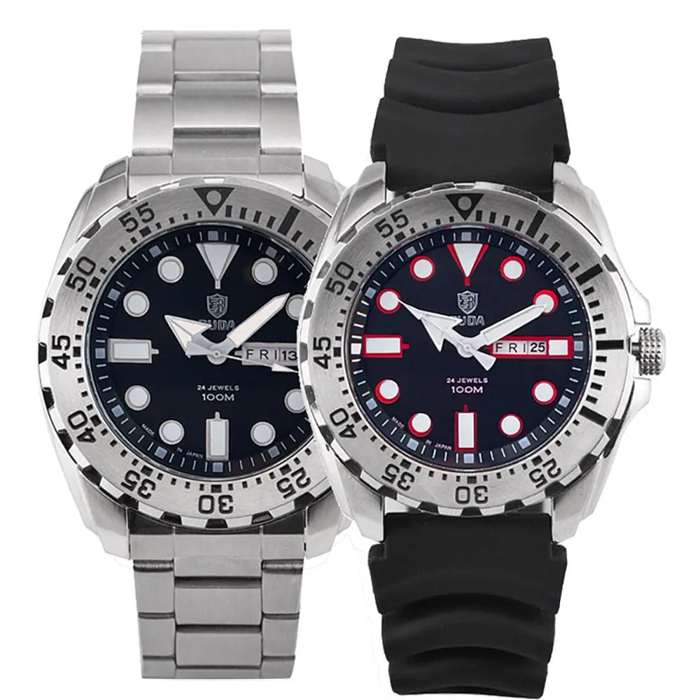 Men's waterproof luminous quartz watch with blue dial and steel band on wrist