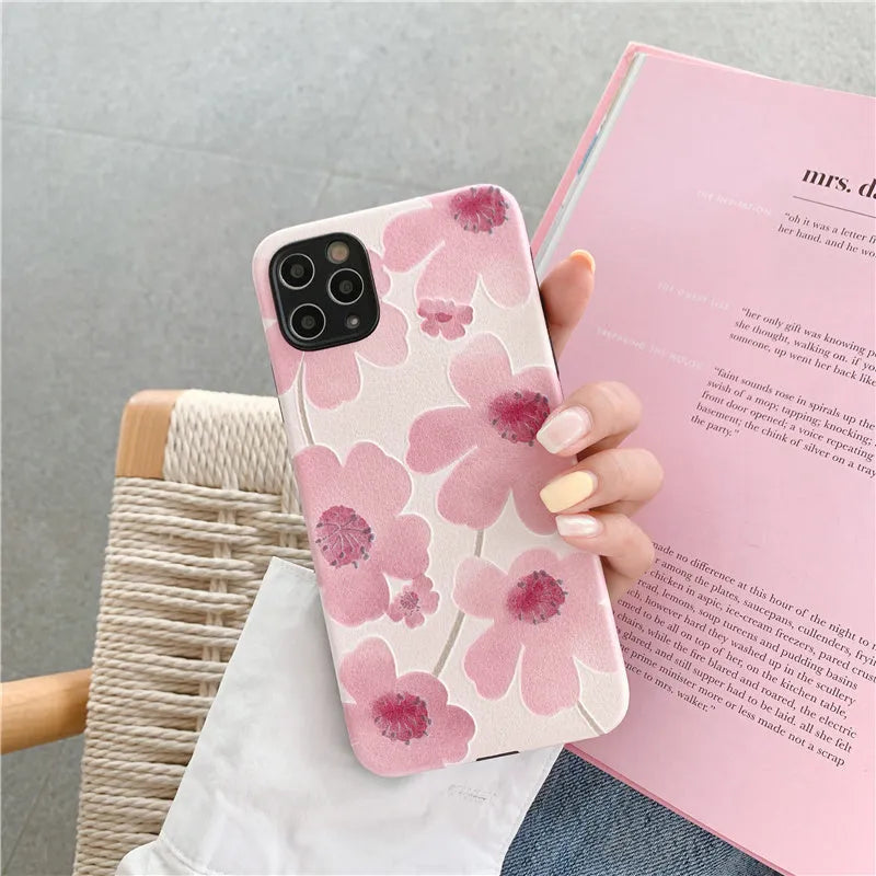 Pink flower phone case soft rubber protective shell with lanyard hole for Apple iPhone 11