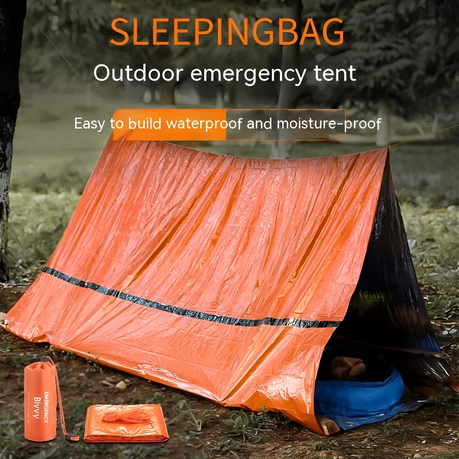 Orange portable disaster relief tent shown with optional sleeping bag and emergency blanket for outdoor use.