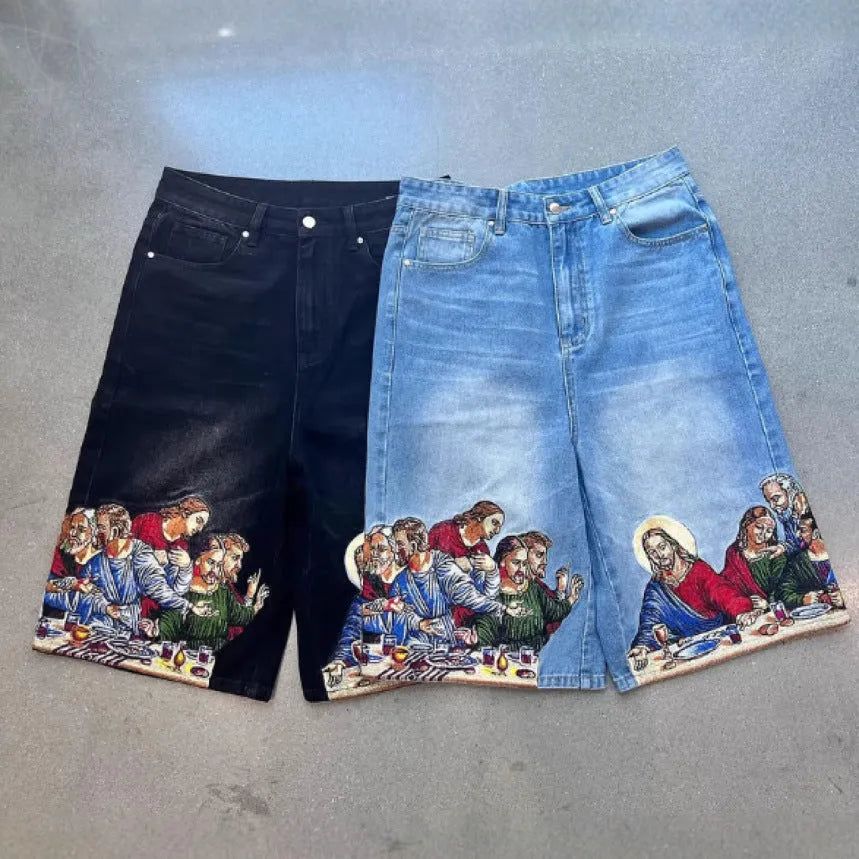 Men's cotton tapered shorts with Jesus printed back pocket in black and blue colour options