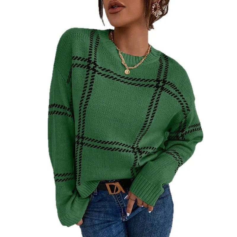 Women's plaid colour-block crew neck acrylic sweater in loose fit with striped pattern