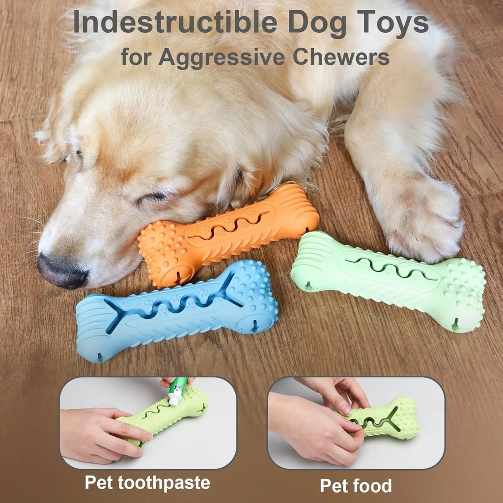 Natural rubber bone-shaped dog chew toy in blue, green and orange colours for aggressive chewers