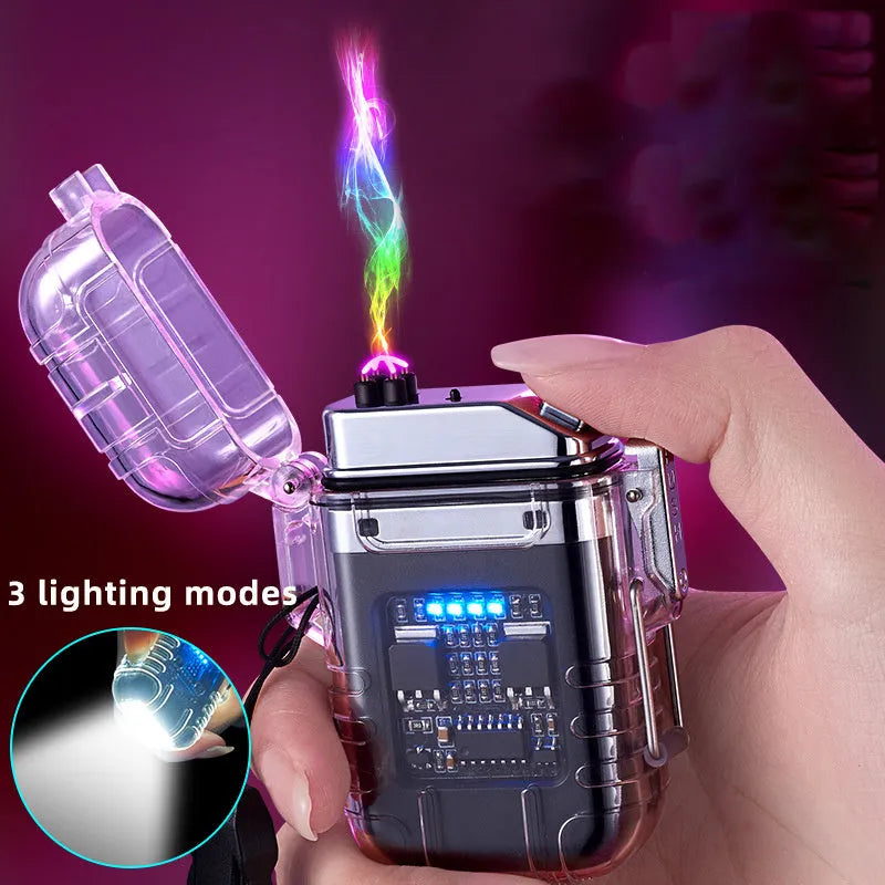 Transparent plastic double arc lighter with detachable clip, Type-C port, and button in black colour