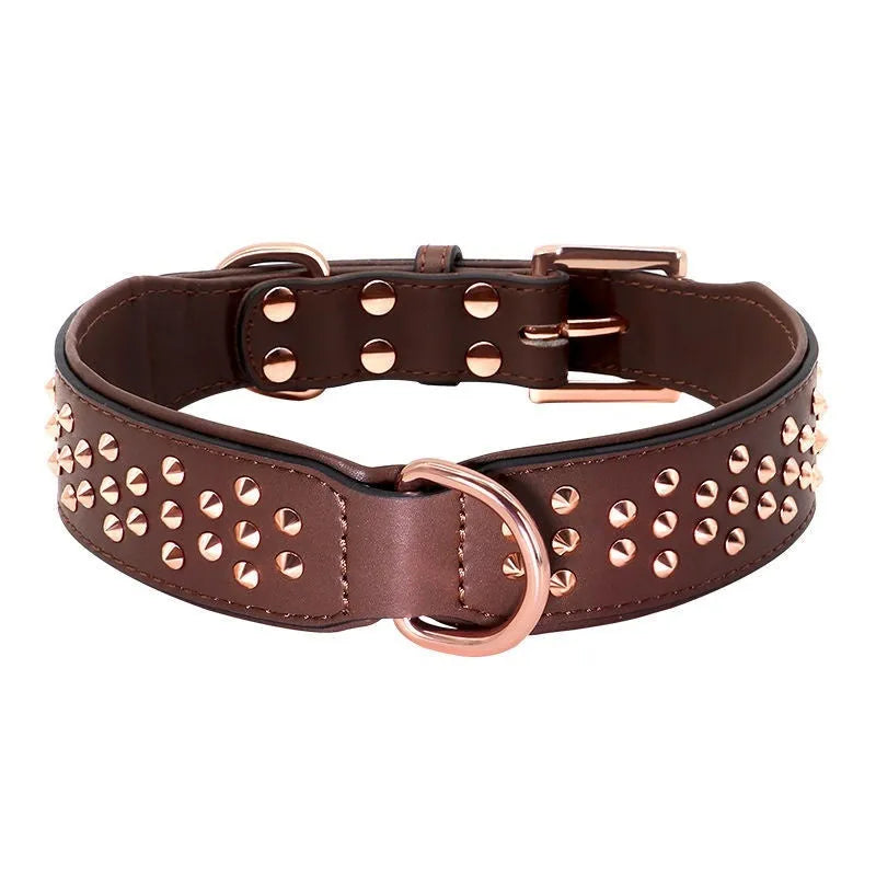Leather dog collar with metal anti-bite rivets in black, chocolate, or pink.