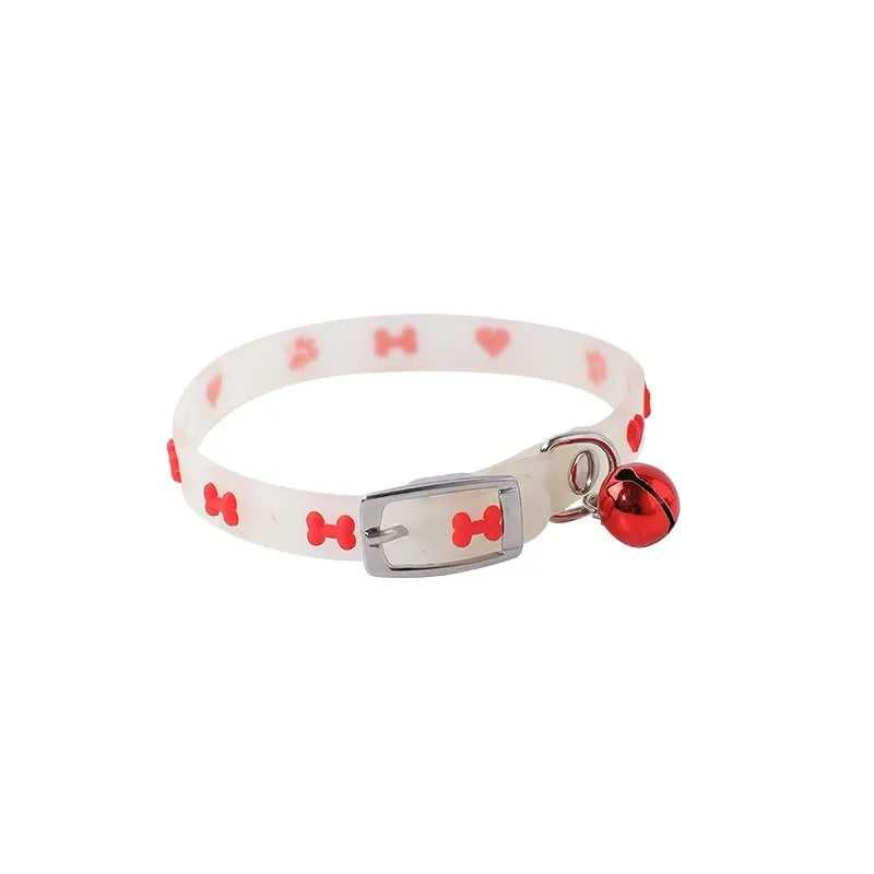 Cat wearing luminous collar with night illumination and metal bell on adjustable silicone chain