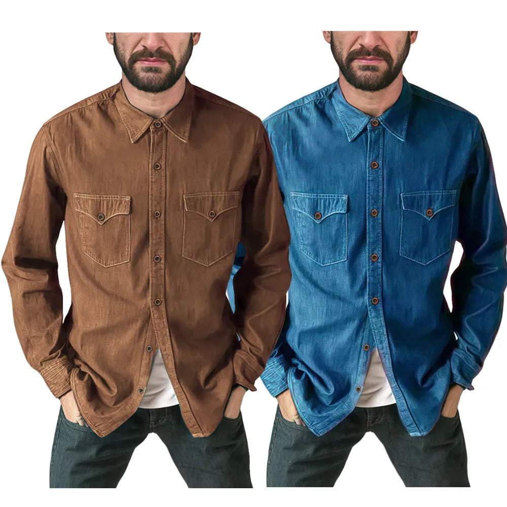 Man wearing a regular fit denim cardigan coat in khaki, showing the open front and cardigan style.