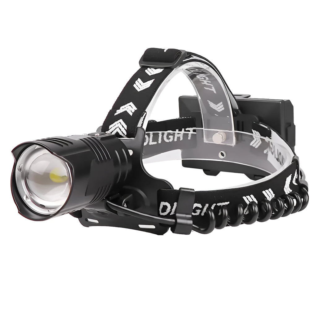 Black rechargeable headlamp with telescopic zoom, aluminium alloy and ABS build, micro USB charging port, 2000 lumens max