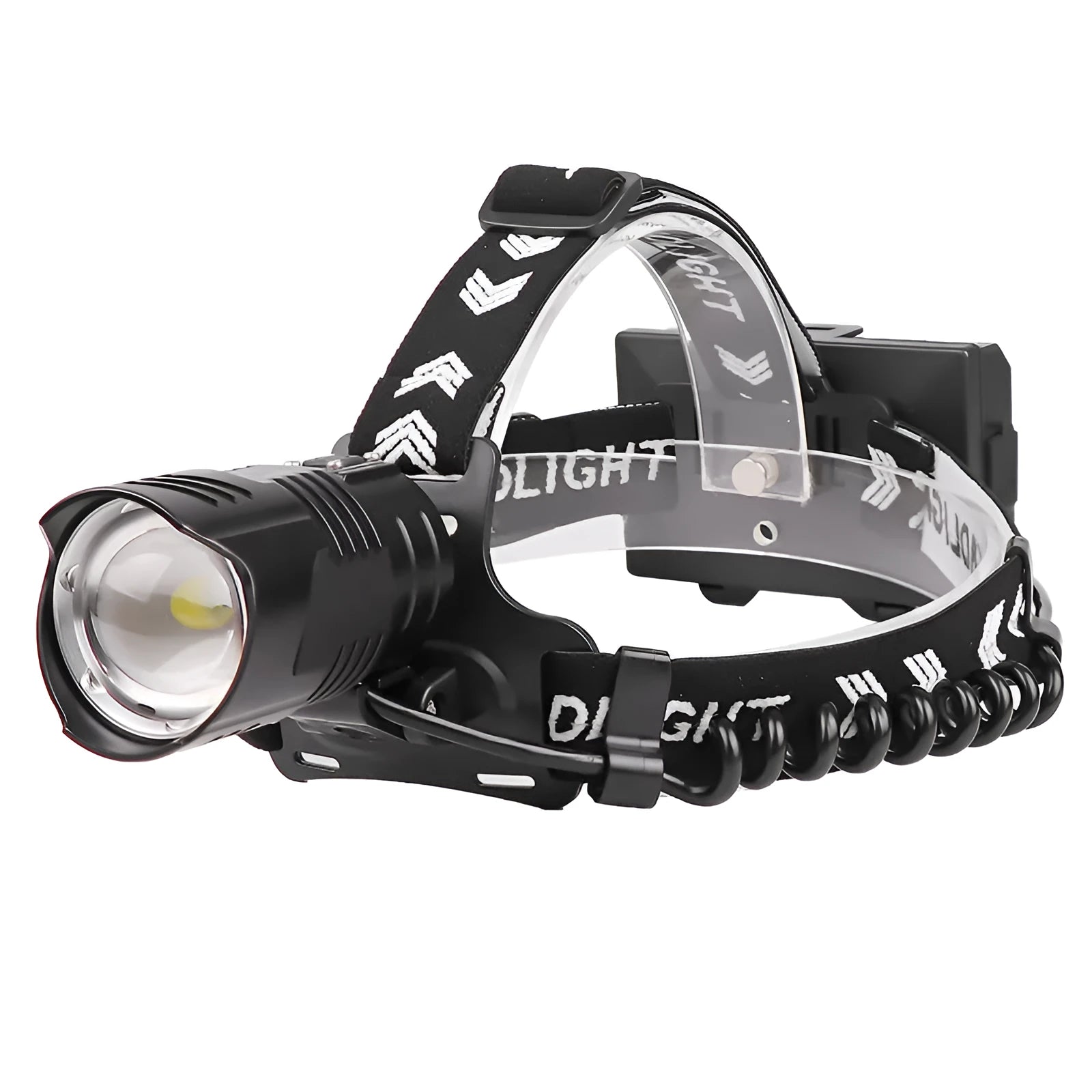 Black rechargeable headlamp with telescopic zoom, aluminium alloy and ABS build, micro USB charging port, 2000 lumens max