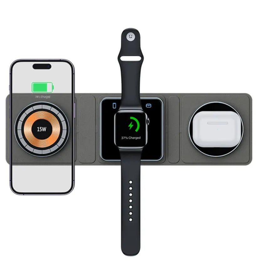Black Magsafe transparent acrylic three-in-one wireless charger with Type-C port on a desk
