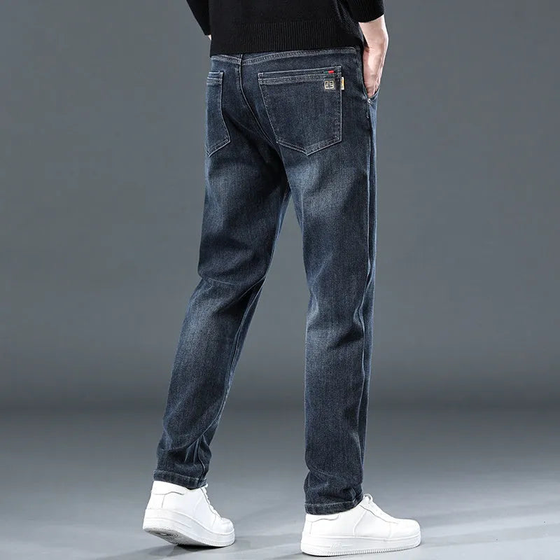 Blue grey slim straight casual trousers with mid waist and zip fly for teenagers' summer street fashion