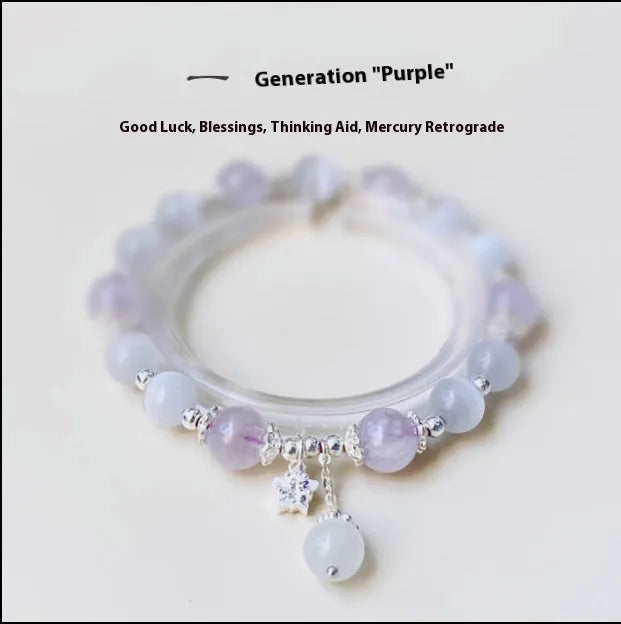 Cute handcrafted crystal bracelet in opal amethyst colour with moon-shaped pendant over 20mm size
