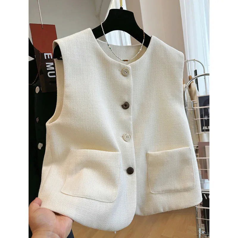 Round neck sleeveless vest with bandage dress styling in milky white colour French style temperament outerwear