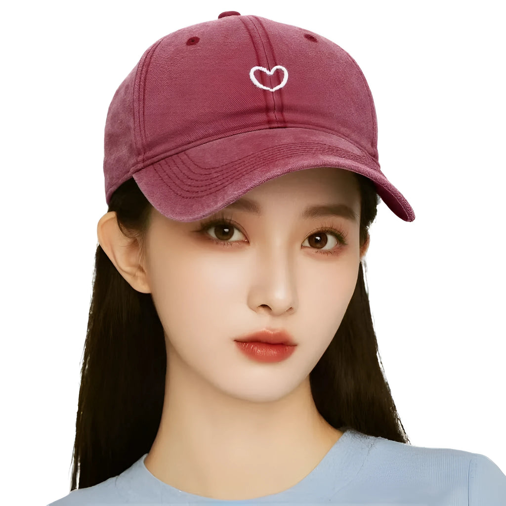 Cotton baseball cap with retro small love embroidery in an adjustable dome crown style.
