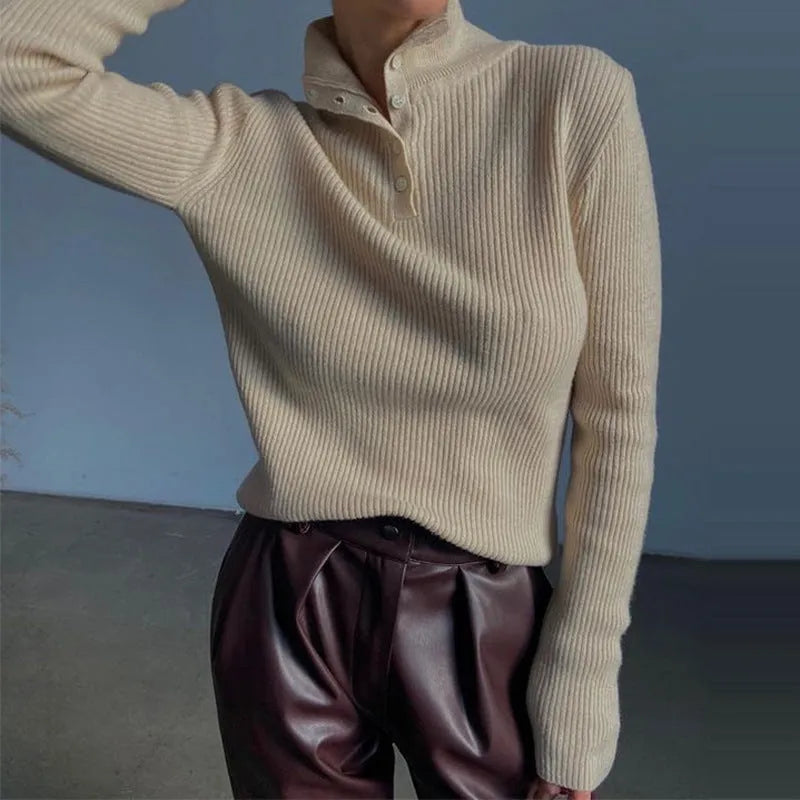 Retro half turtleneck pullover sweater in slim fit with single-breasted placket