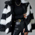 Women's faux fur coat with lapel contrast colour and fur collar, 50cm length