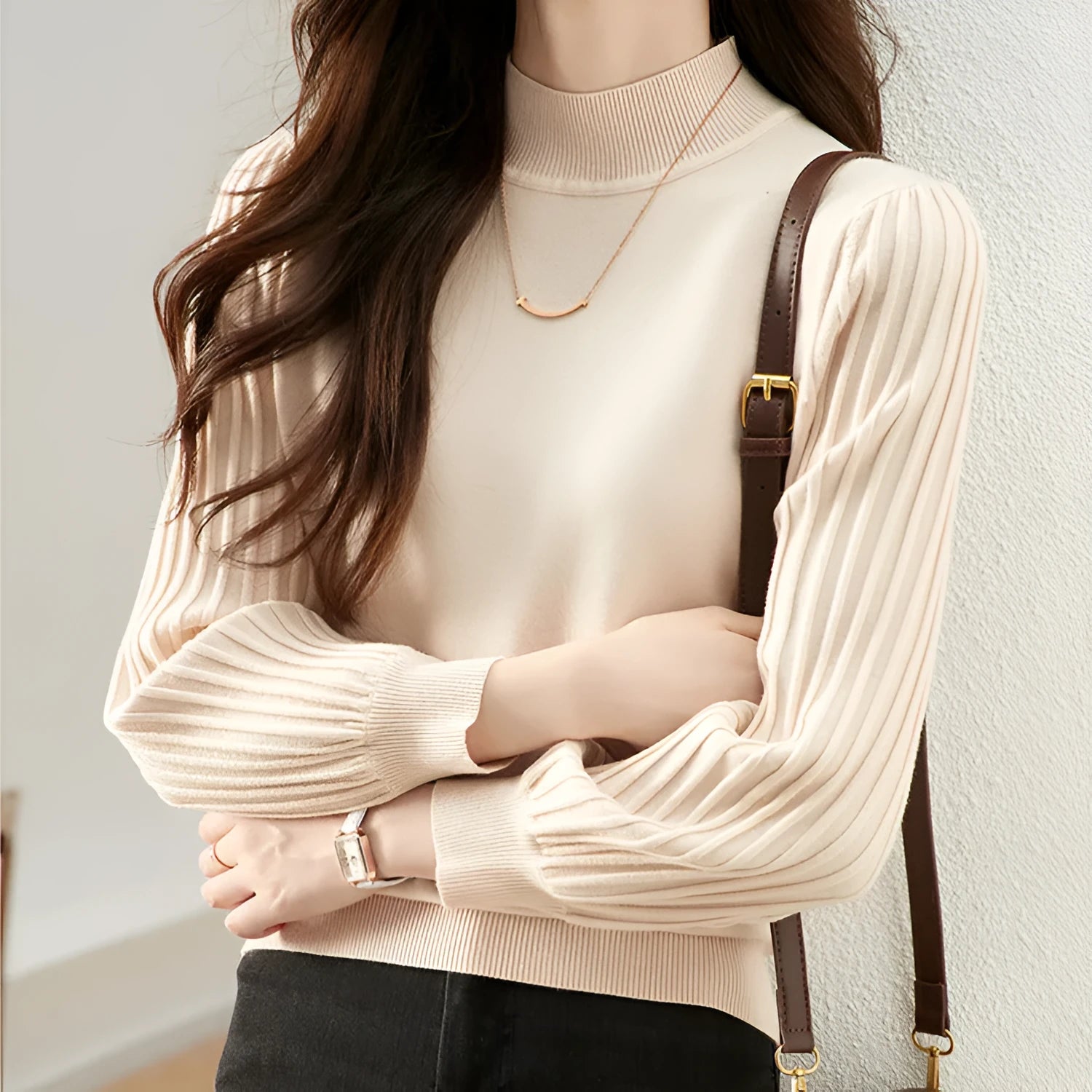 Slim fitting half turtleneck shirt in apricot, black, blue, or white, made from core-spun yarn with spandex.