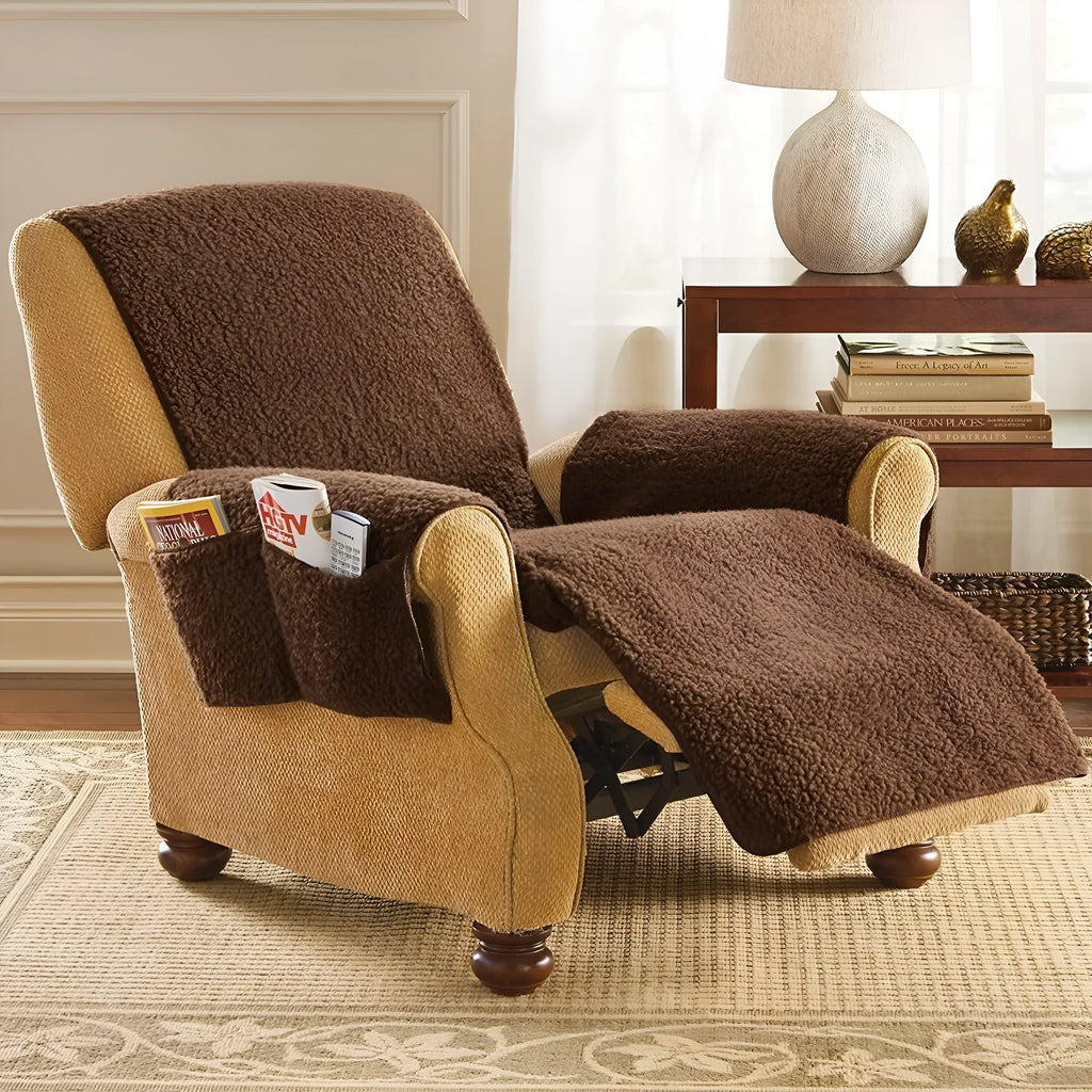 Polyester sofa cushion cover in lamb wool beige colour on a sofa.