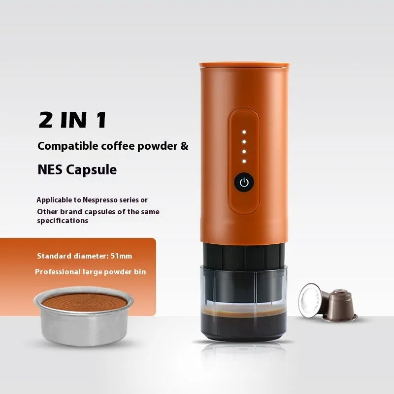 Portable electric coffee machine with stainless steel body in Moonlight White, including storage bag
