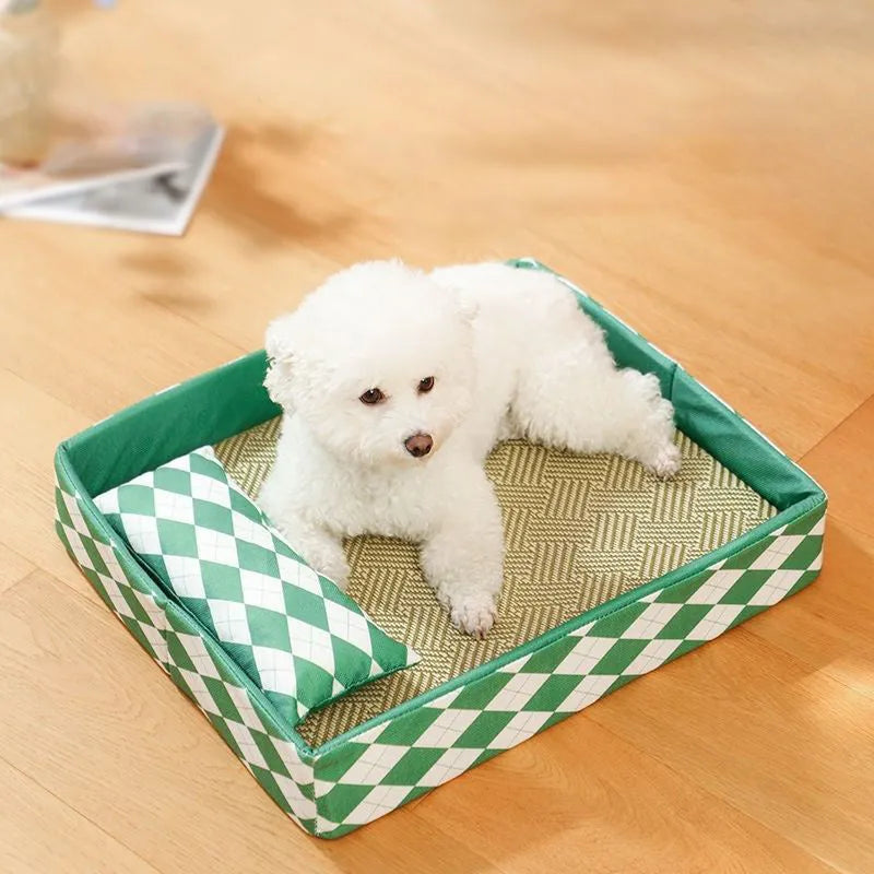 Rattan cat bed mat in blue colour showing size options for pet sleeping area