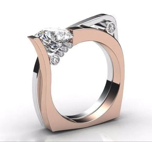 Rose gold geometric women's ring with zircon inlay on alloy base showing electroplated finish and structured design