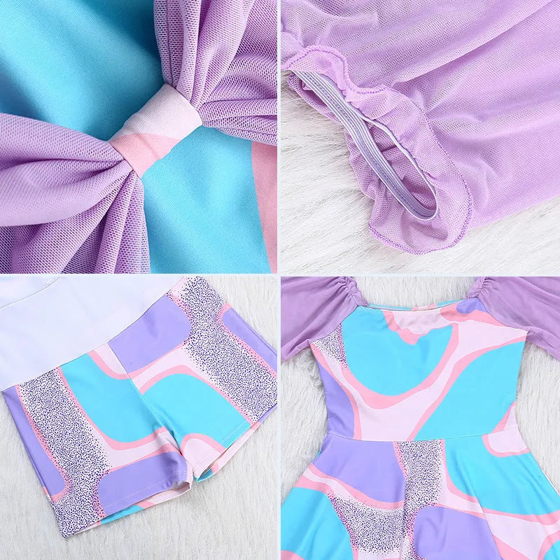 Women's one-piece high-waist floral swimsuit with bowknot detail, light purple floral colour, polyester fabric