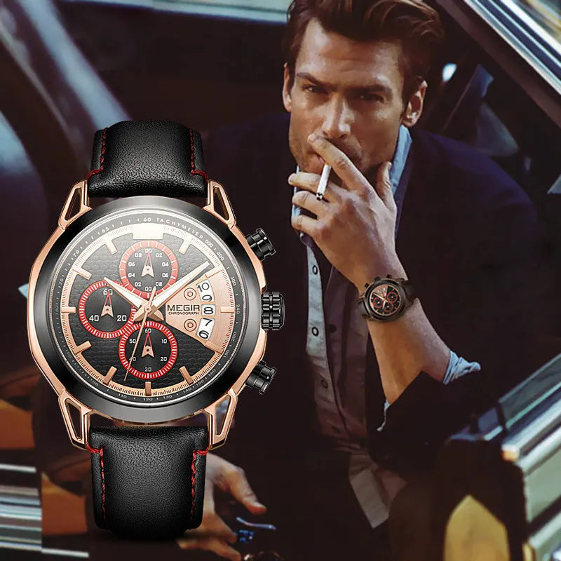 Men's quartz chronograph watch with luminous hands, leather strap, and alloy case on black background