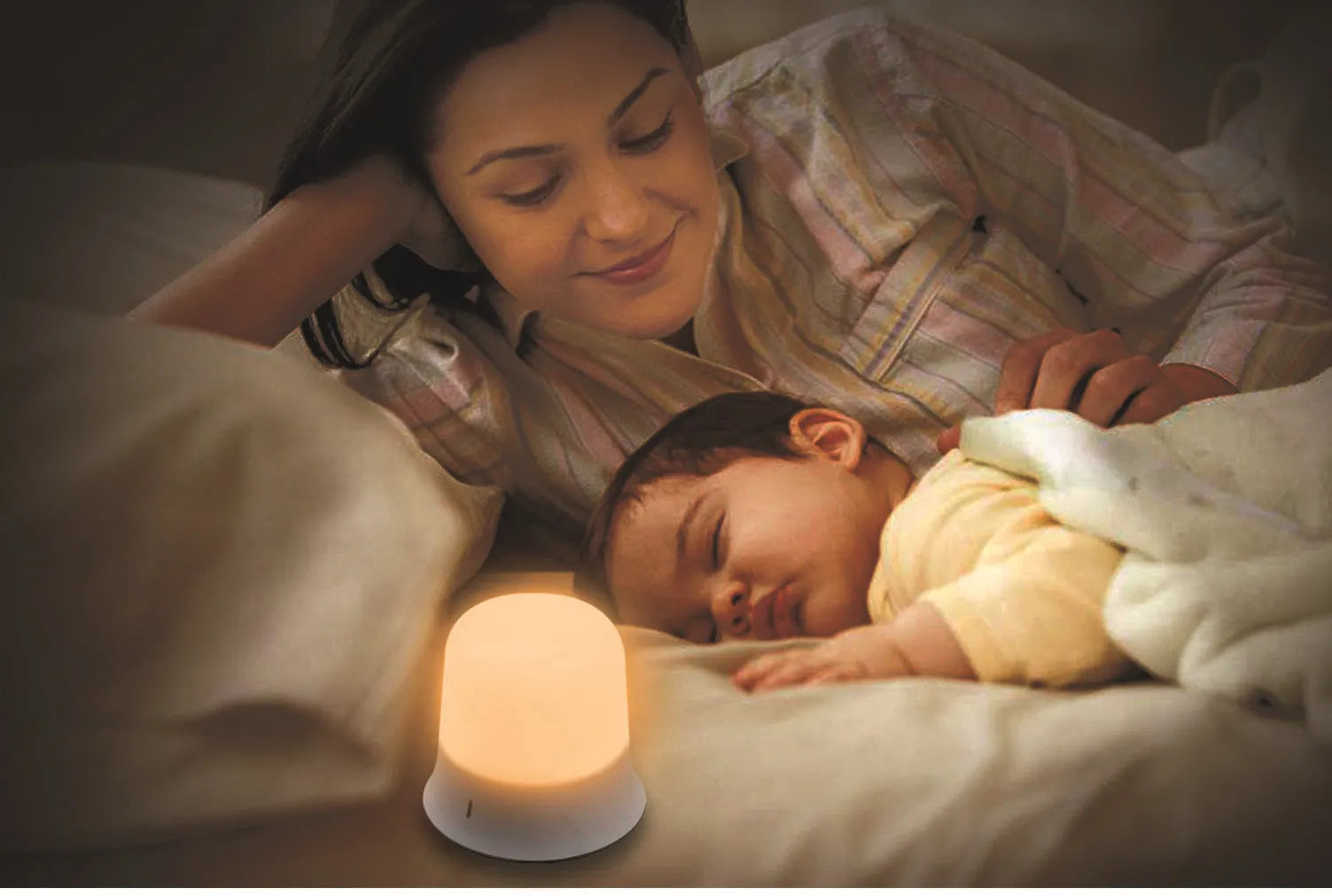 White touch-control bedside night light with RGB colour changing on a wooden table.