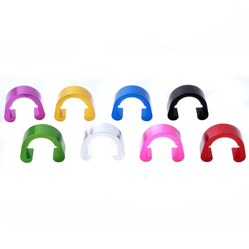 Pack of ten small aluminium alloy C-shaped buckles in assorted metallic colours on a white background.