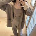 Women's three-piece knit set with cardigan and casual pants in light brown colour