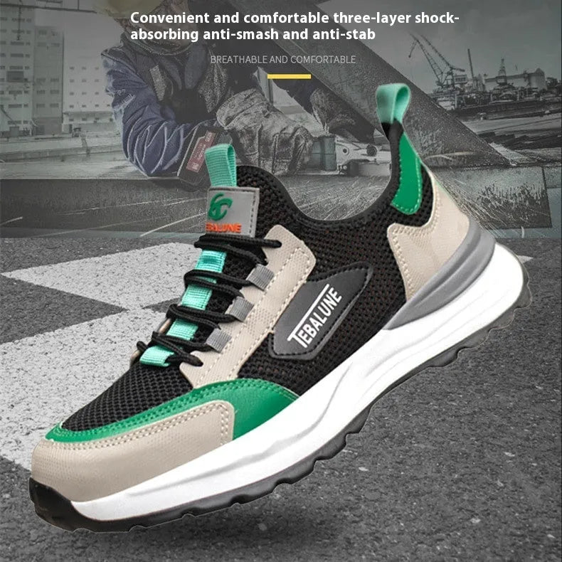 Low-top lightweight safety shoes with plastic steel toe, black green colour, mesh upper, and TPU sole