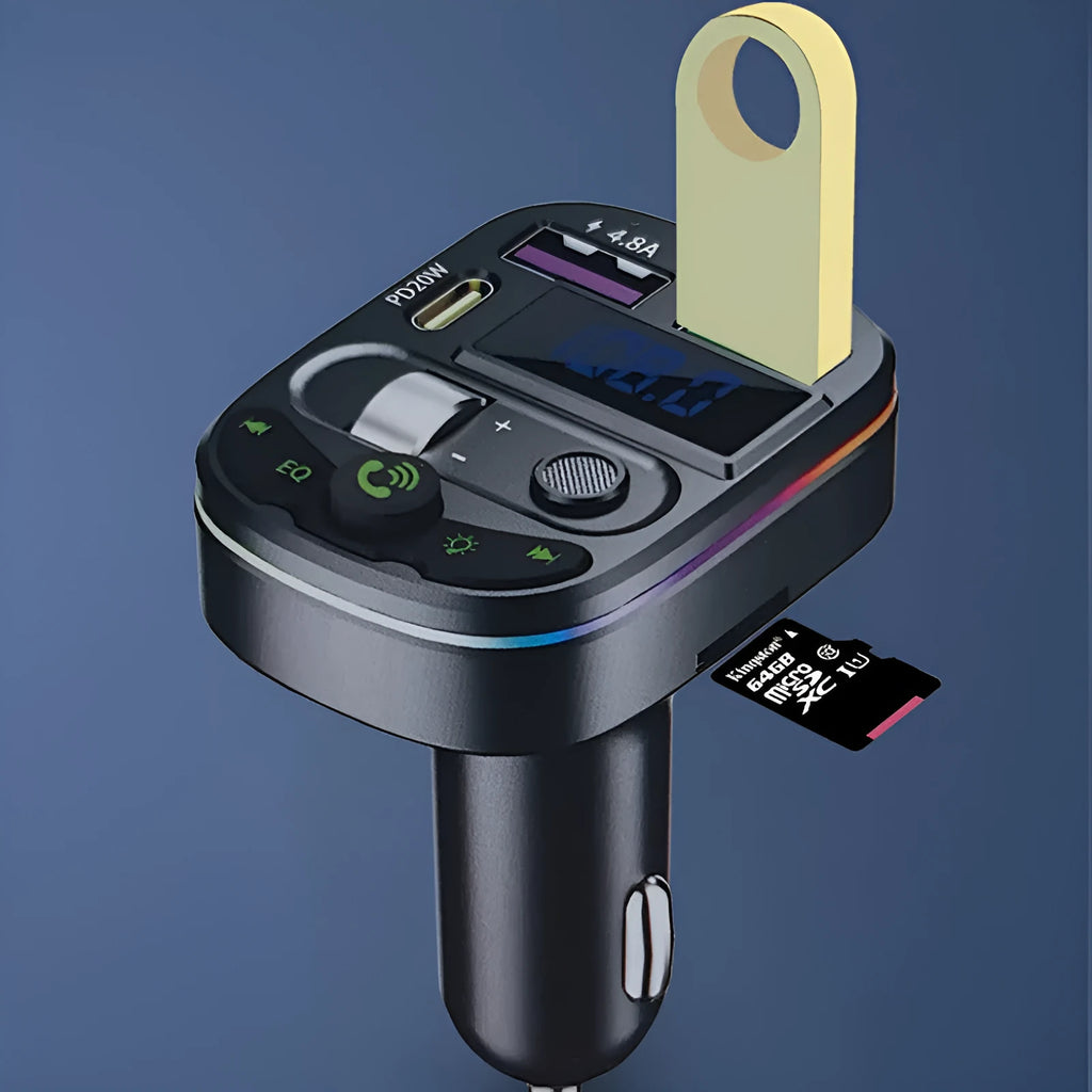 On board Bluetooth receiver with ABS shell, USB output, and voltage display for car audio