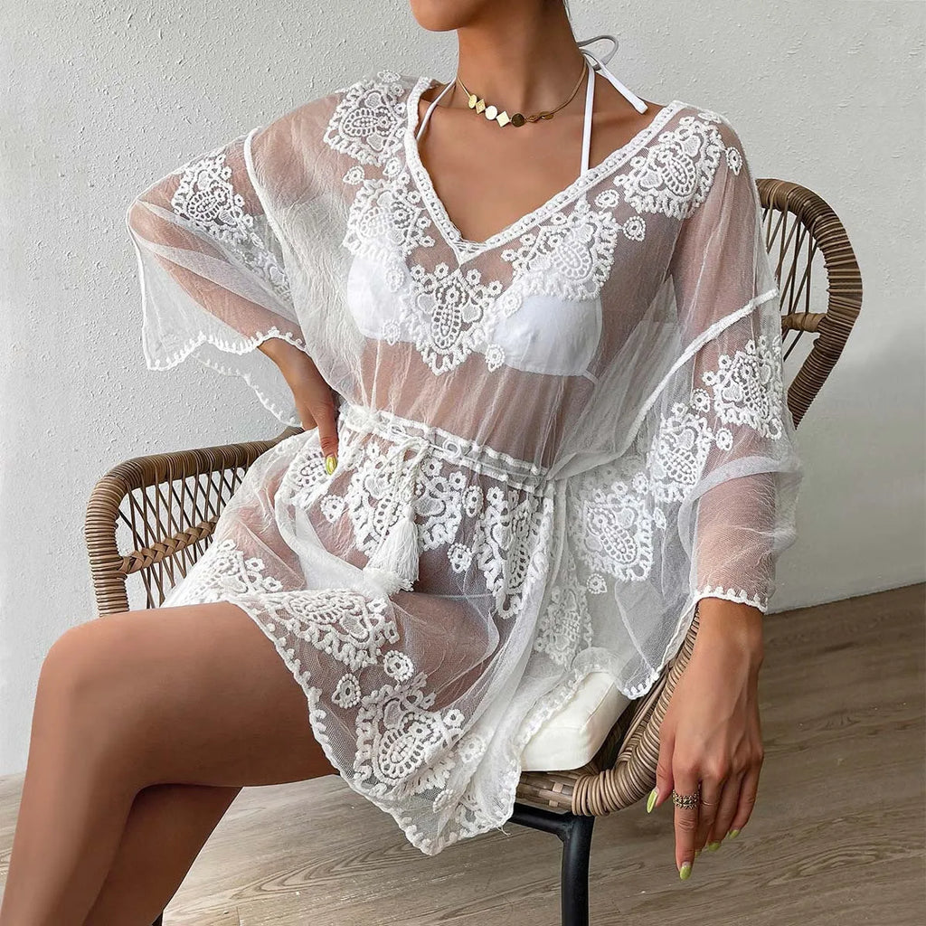 White textured beach blouse with water-soluble pattern designed for sun protection and swimming