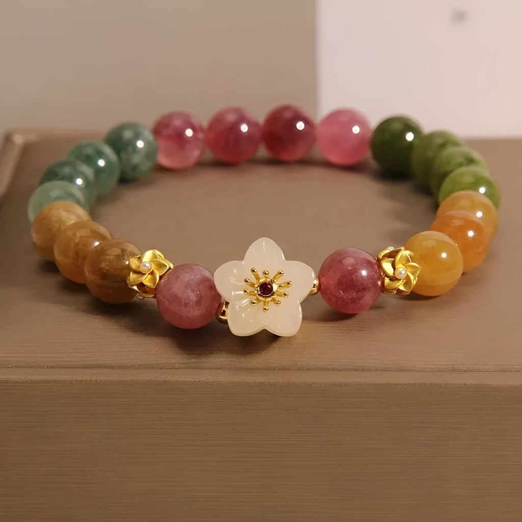 Natural colour tourmaline flower bracelet for women, geometric shape, electroplated finish, unisex style