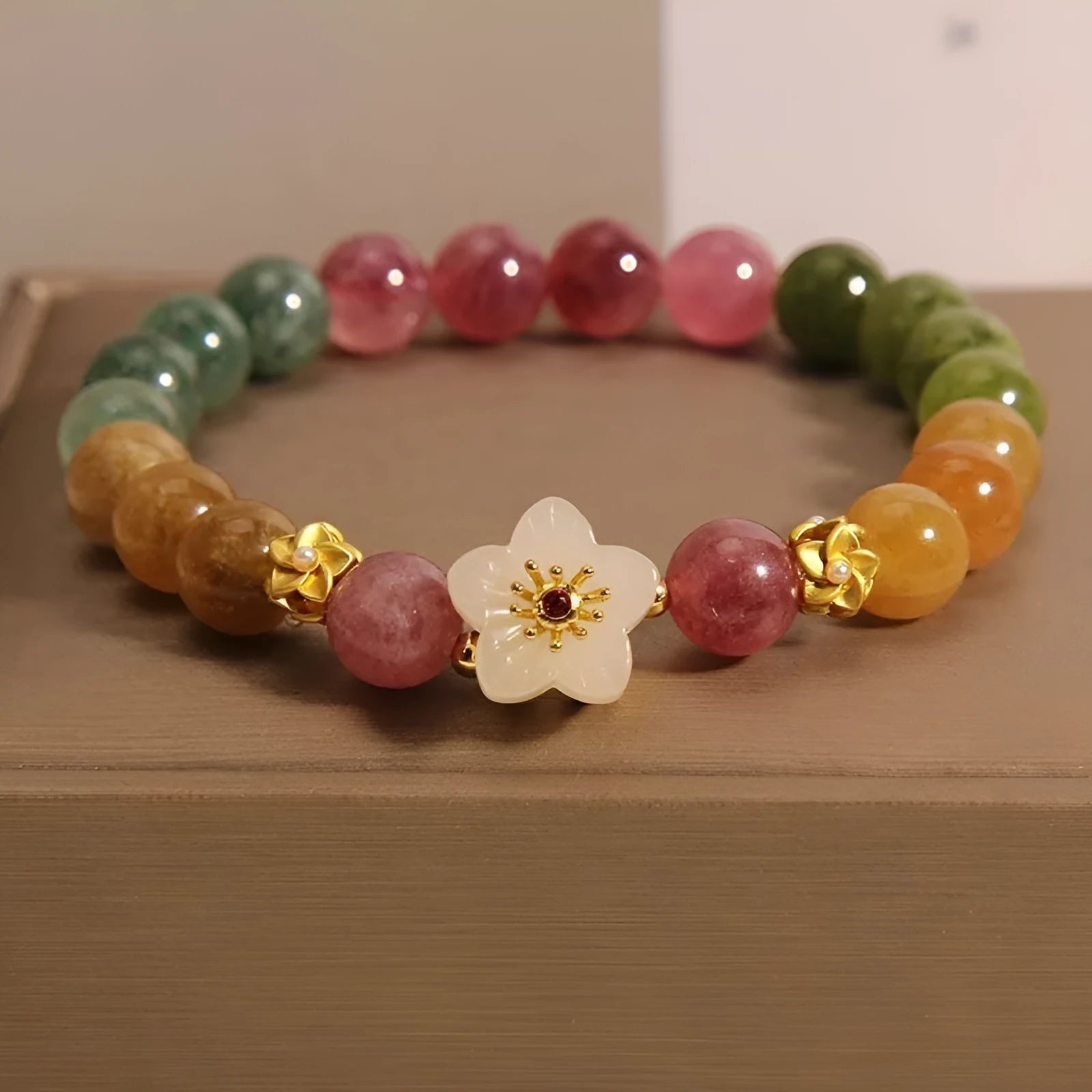 Natural colour tourmaline flower bracelet for women, geometric shape, electroplated finish, unisex style