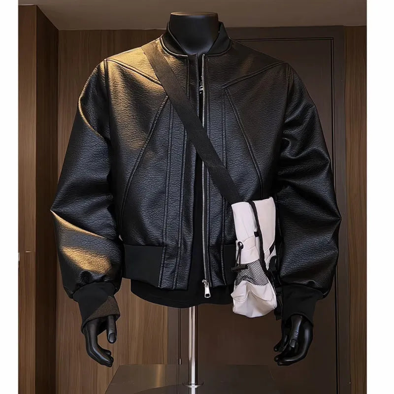 Men's black slim-fit PU leather jacket with extended 100cm length shown on model