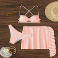 Lace-up bikini three-piece swimsuit for women in light pink and rose red, made from polyester, with top, trousers, and skirt