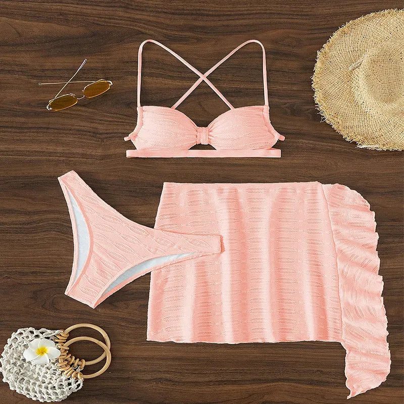 Lace-up bikini three-piece swimsuit for women in light pink and rose red, made from polyester, with top, trousers, and skirt