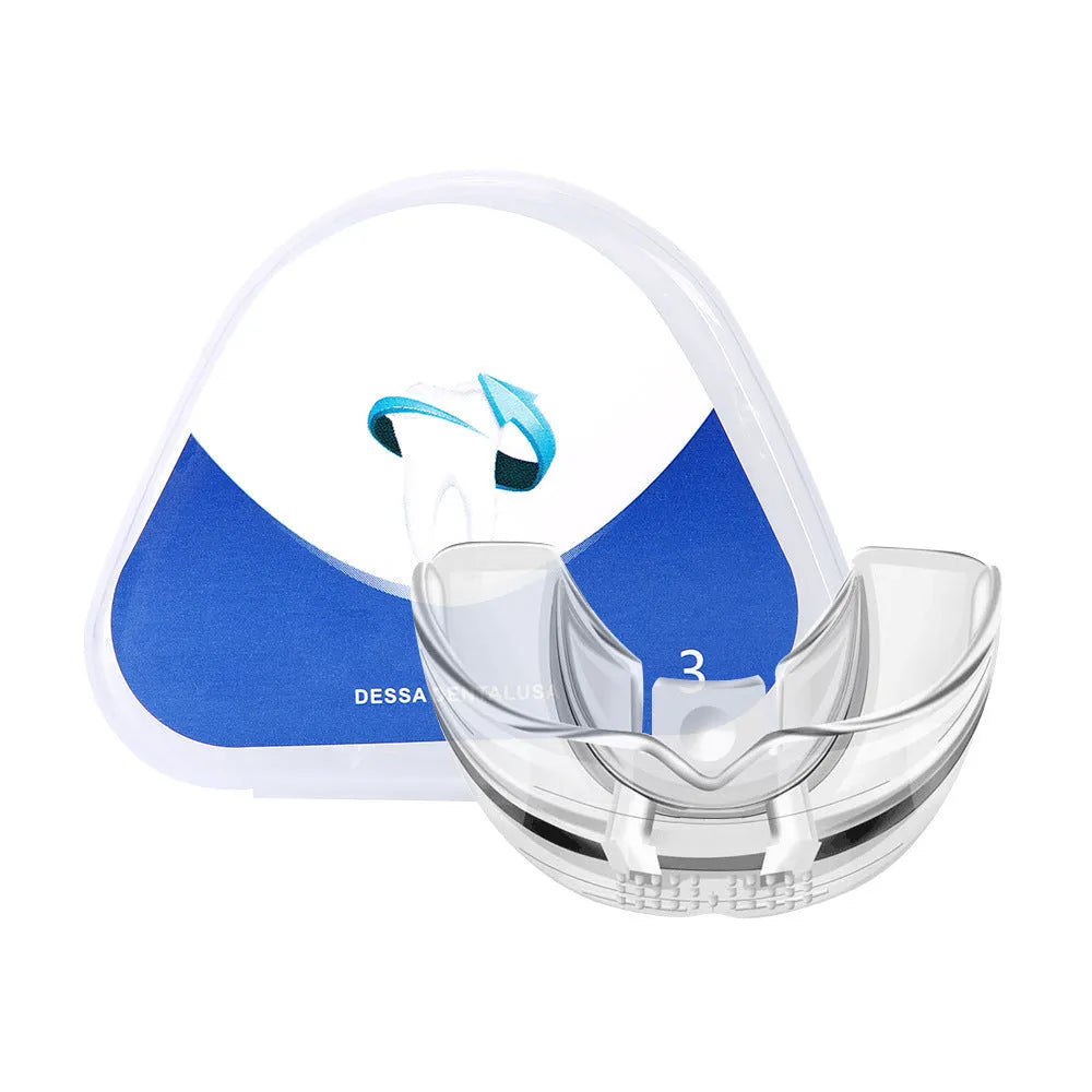 Transparent silicone invisible dental tray aligner for oral care on white background